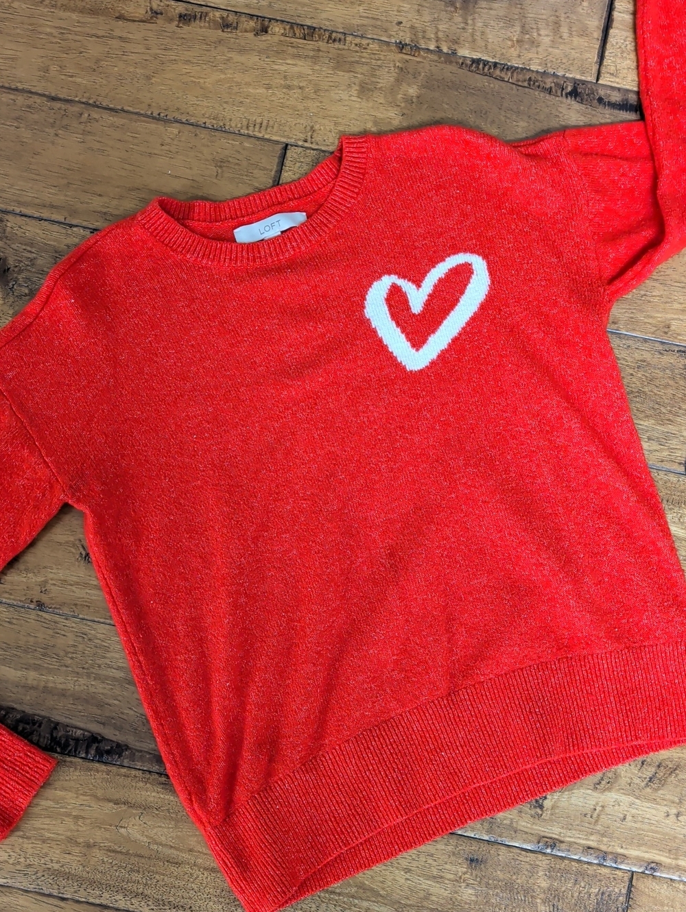 LOFT Red Heart Flecked Knit Crewneck Sweater White Heart